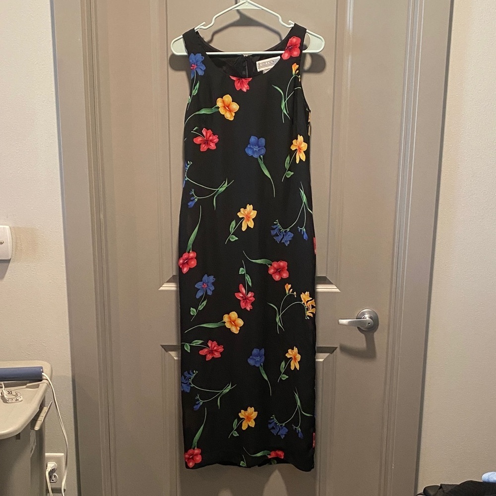 Vintage 90s Black Floral Column Maxi Dress Sleeveless Minimalist Grunge